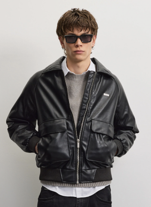 Morano Faux Leather Bomber Jacket Black